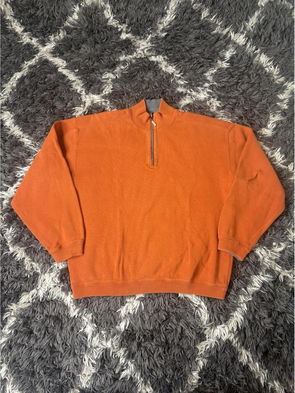 Tommy Bahama 1/4 Zip Pullover Sweater Mens XL Orange Cotton Blend Ribbed Knit
